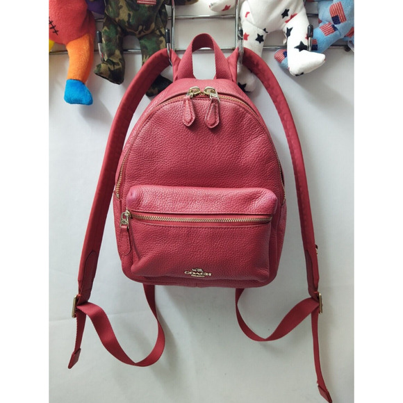 Coach Mini Charlie Red Pebbled Leather Front Pocket Zipper Closure Backpack - Picture 1 of 16